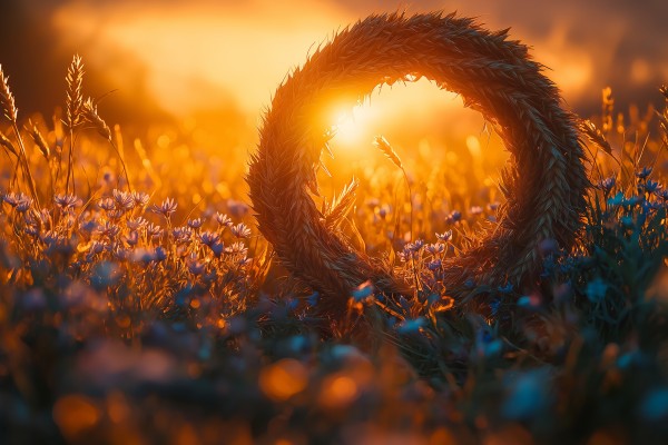close up of a crown of plants placed on the ground at sunset