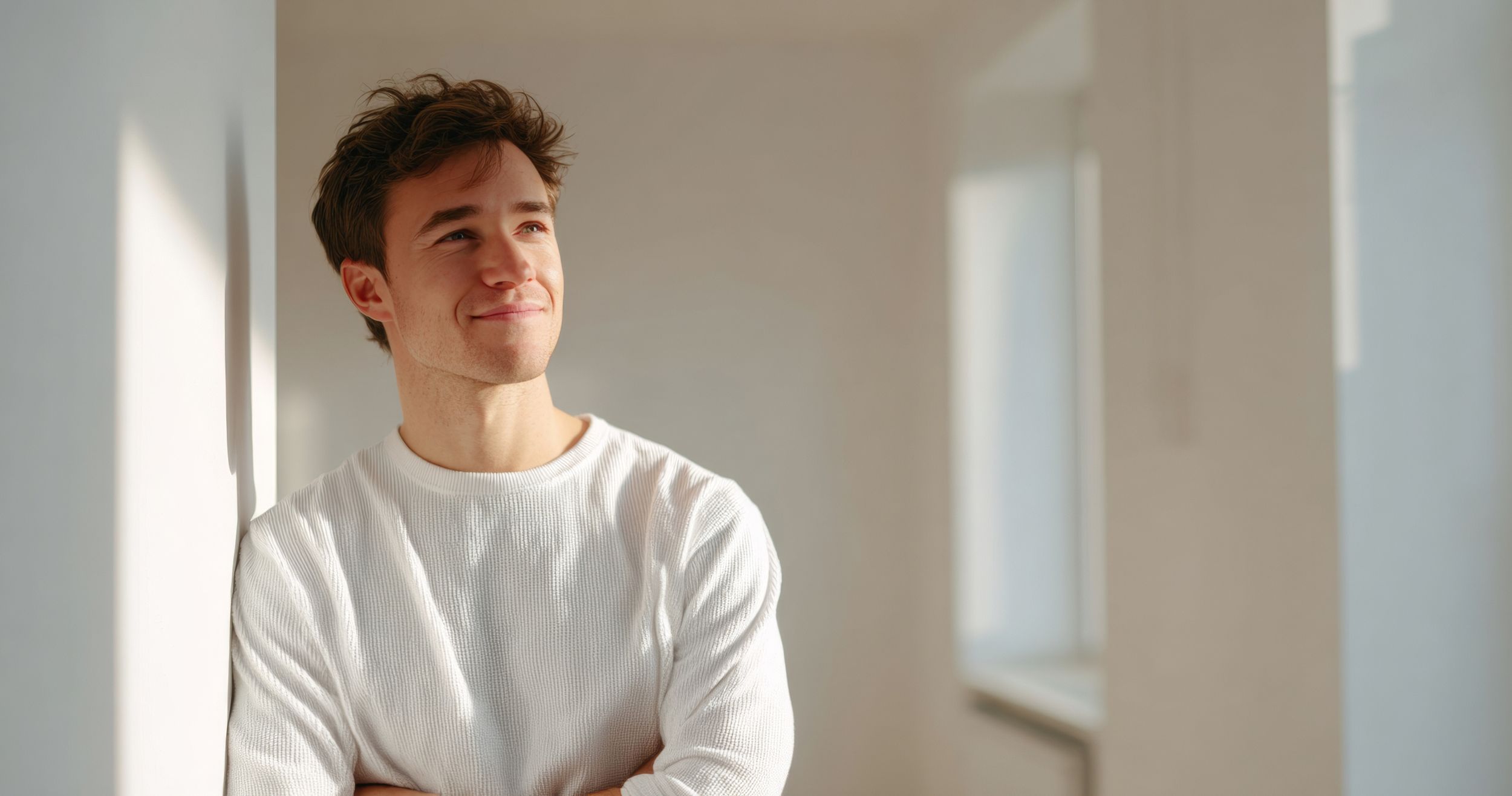 Young man smiling indoors by window